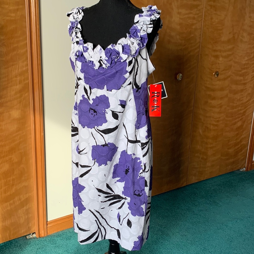 R&K Originals White/Blue/Purple Floral Ruffle Dress - NWT